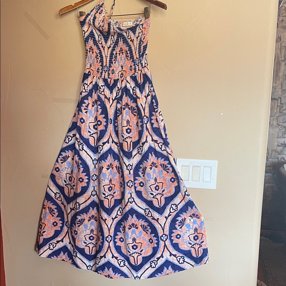 Moon River Navy and Peach Smocked One Shoulder Dress.